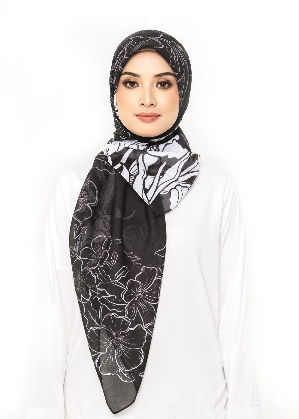 GRACE Square Shawl Cotton Voile Printed in Black