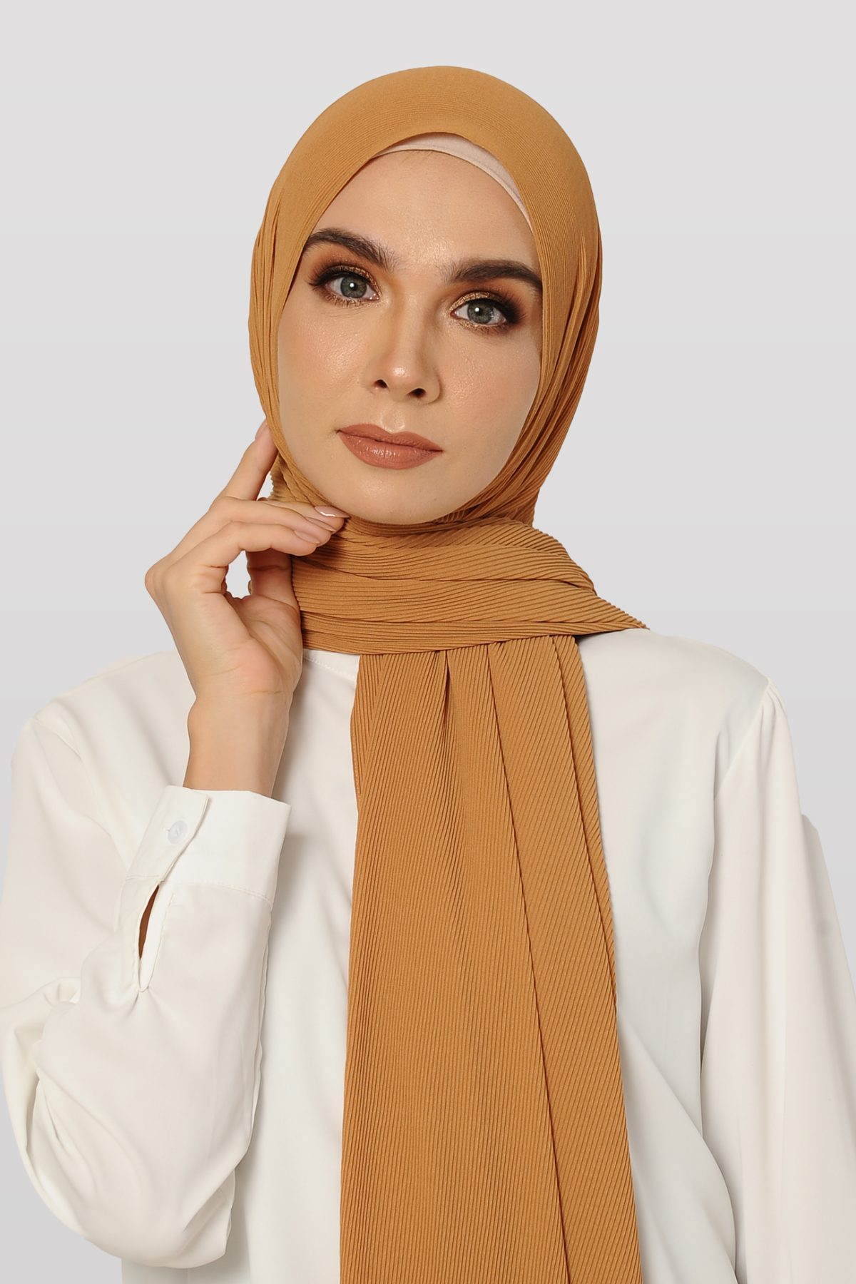 FAITH Long Shawl Chiffon Plain Pleated In Cinnamon