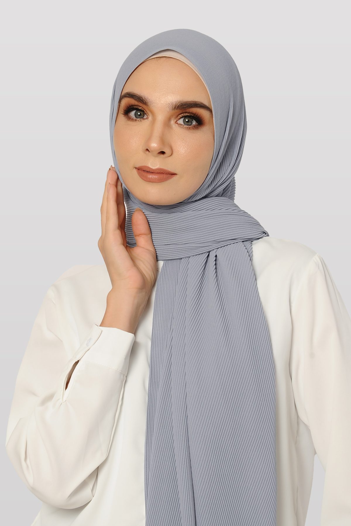 FAITH Long Shawl Chiffon Plain Pleated In Dusty Blue