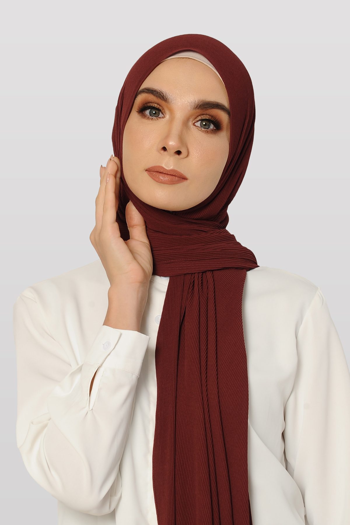 FAITH Long Shawl Chiffon Plain Pleated In Maroon