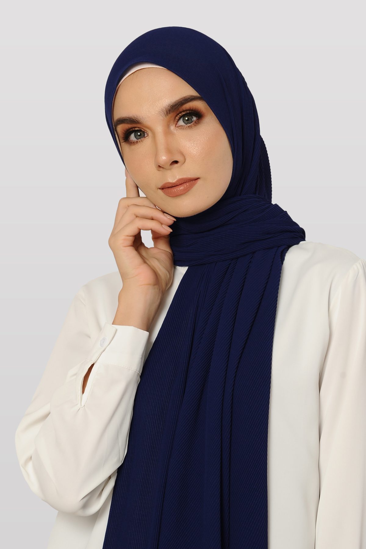 FAITH Long Shawl Chiffon Plain Pleated In Navy Blue