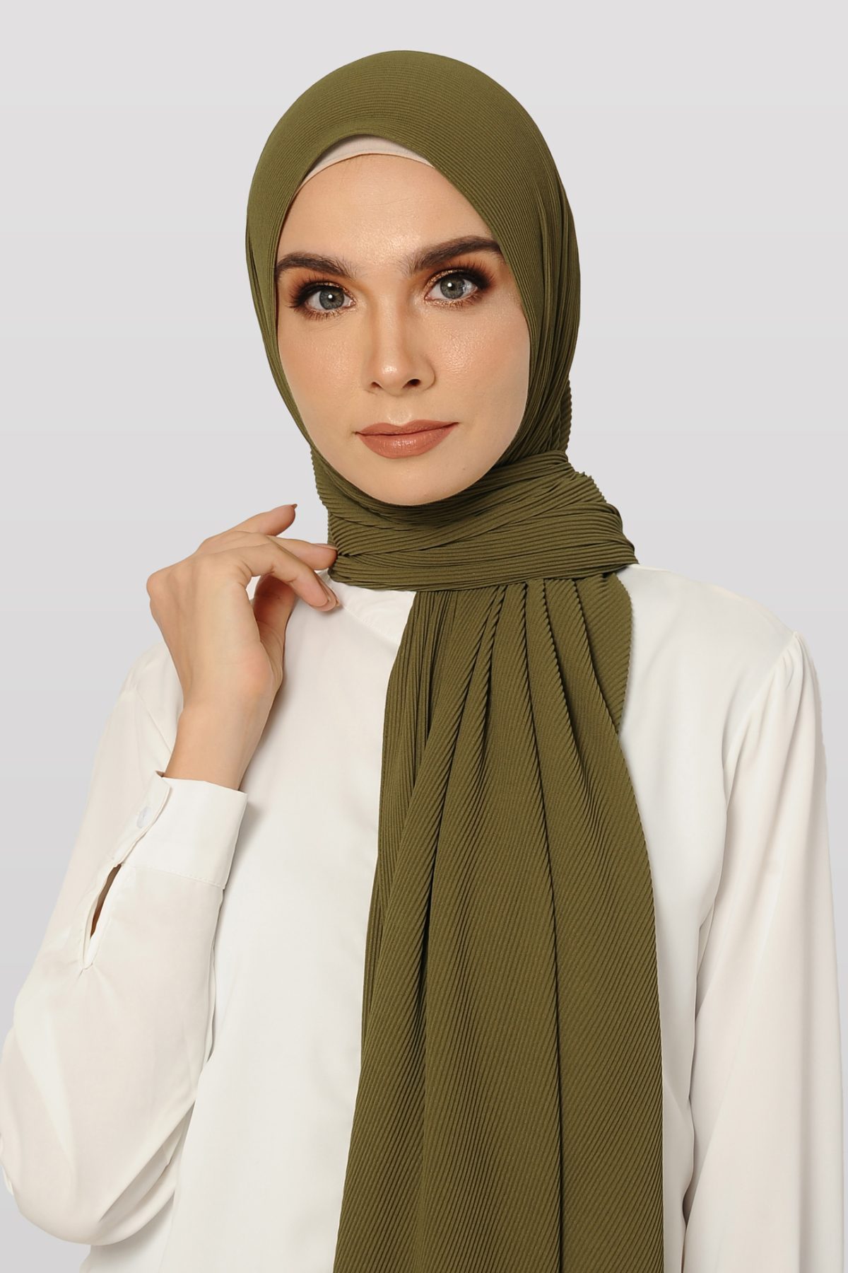 FAITH Long Shawl Chiffon Plain Pleated In Olive Green