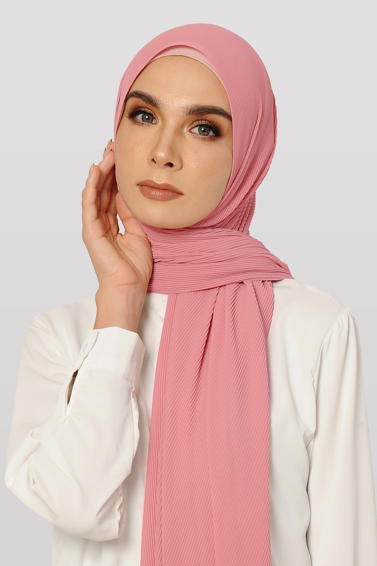 FAITH Long Shawl Chiffon Plain Pleated In Rose Pink