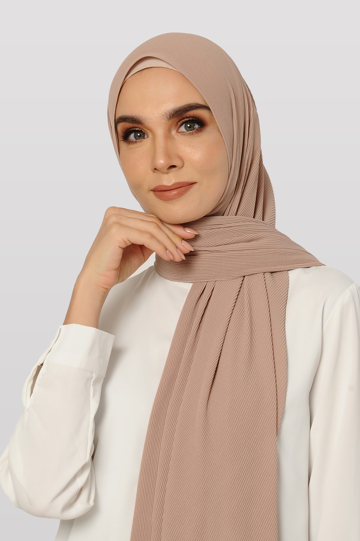 FAITH Long Shawl Chiffon Plain Pleated In Sandy Brown