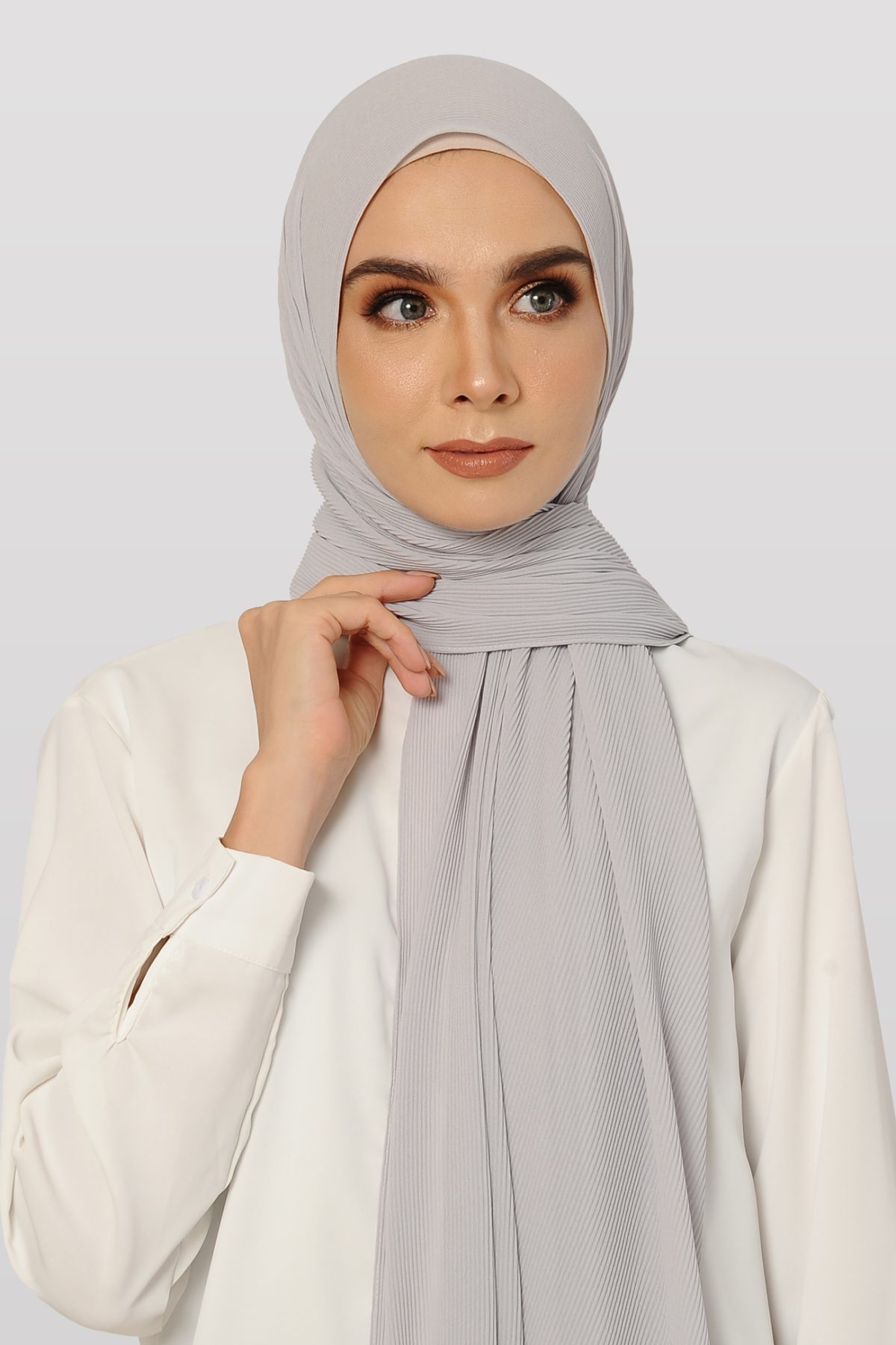 FAITH Long Shawl Chiffon Plain Pleated In Silver Grey