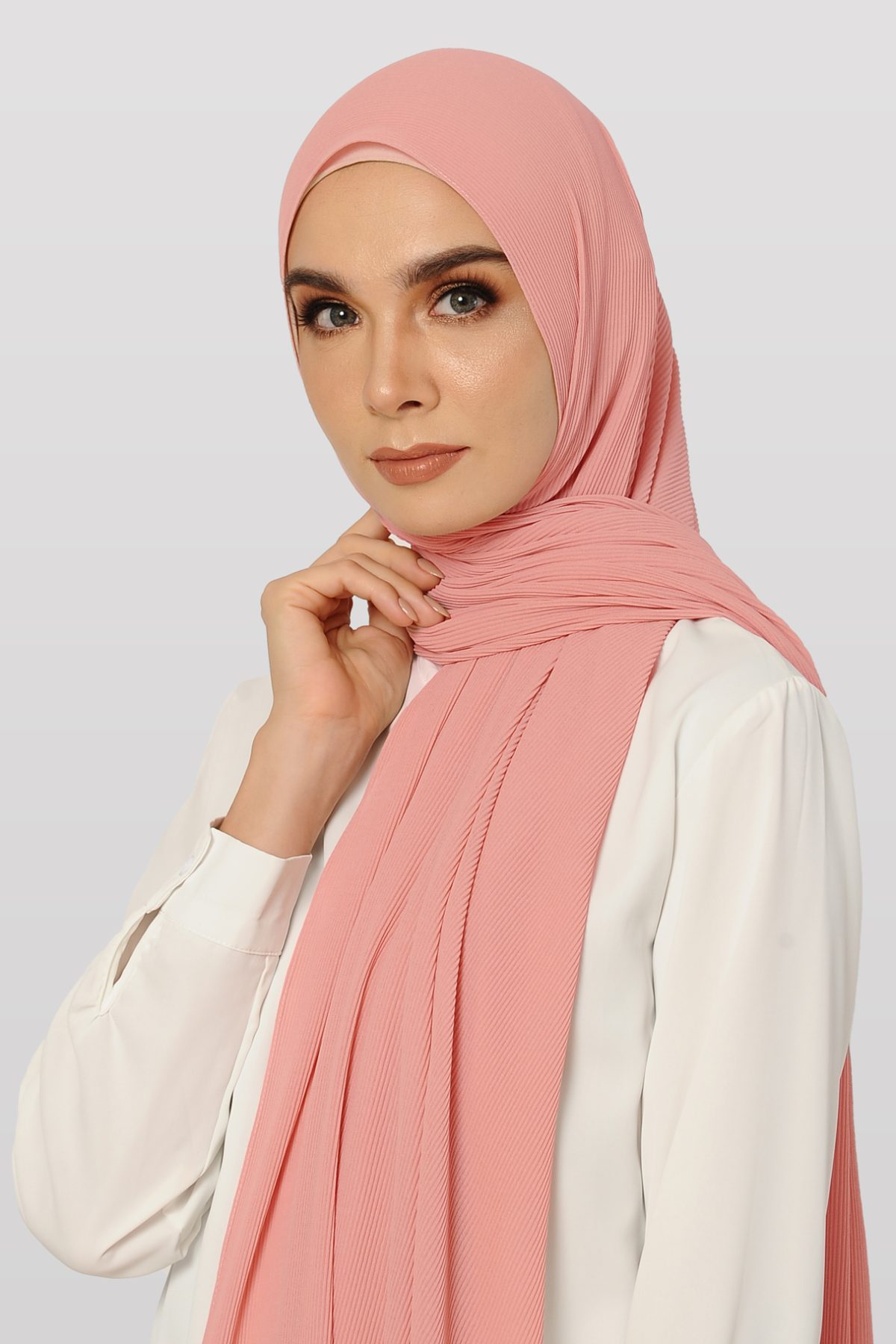 FAITH Long Shawl Chiffon Plain Pleated In Soft Pink