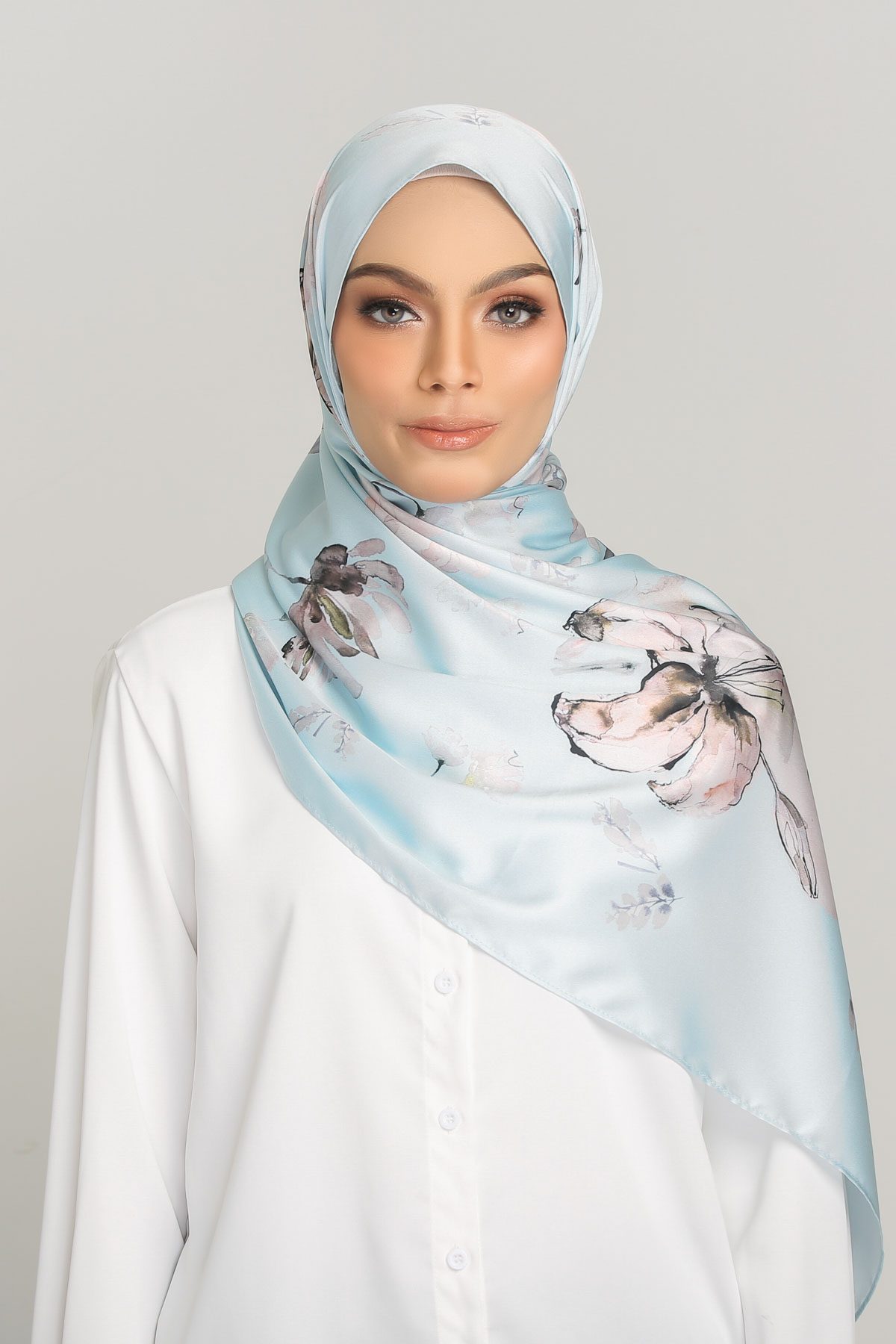 MEADOW Dahlia Long Shawl Satin Silk Printed In Baby Blue