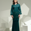 CATHERINE Satin Lace Bishop Sleeves Emerald Green Front