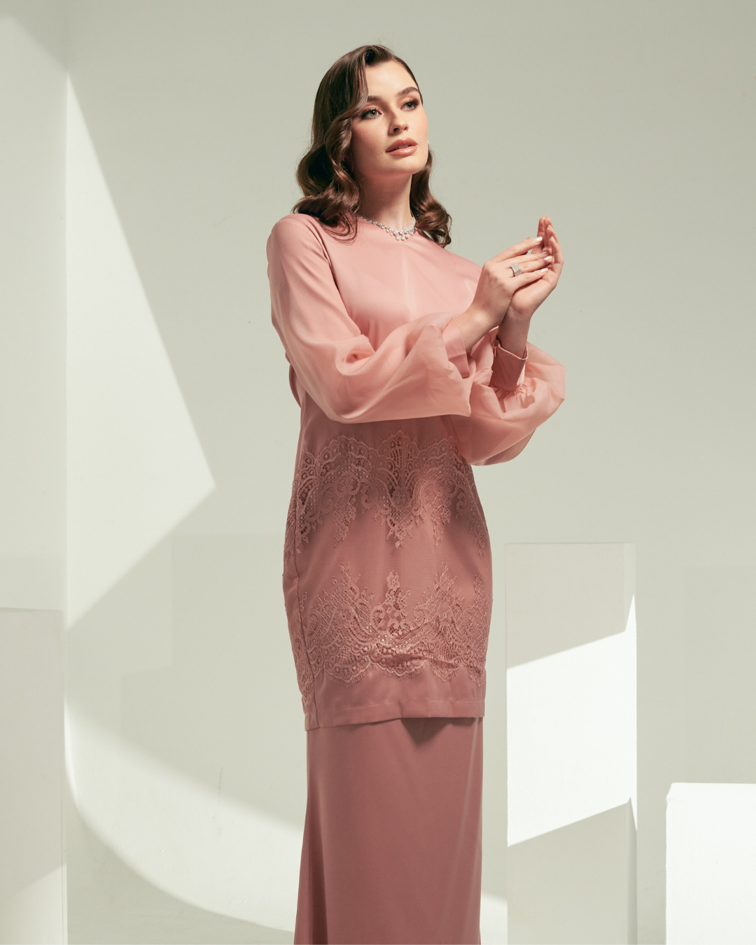 CATHERINE Satin Lace Bishop Sleeves – Salmon