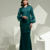 CATHERINE Satin Lace Bishop Sleeves Emerald Green Full Lenght