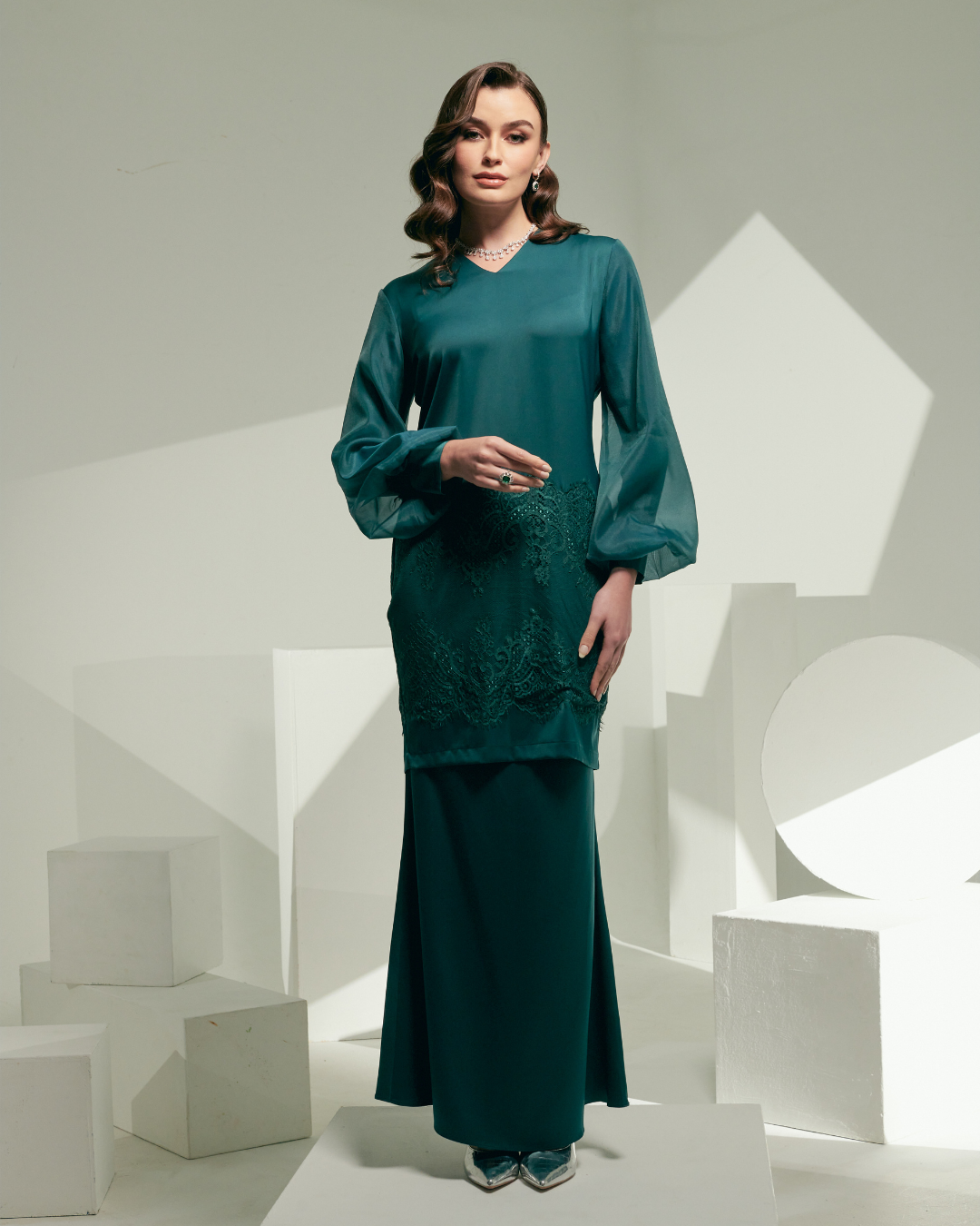 CATHERINE Satin Lace Bishop Sleeves Emerald Green Full Lenght