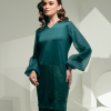 CATHERINE Satin Lace Bishop Sleeves Emerald Green Close Up