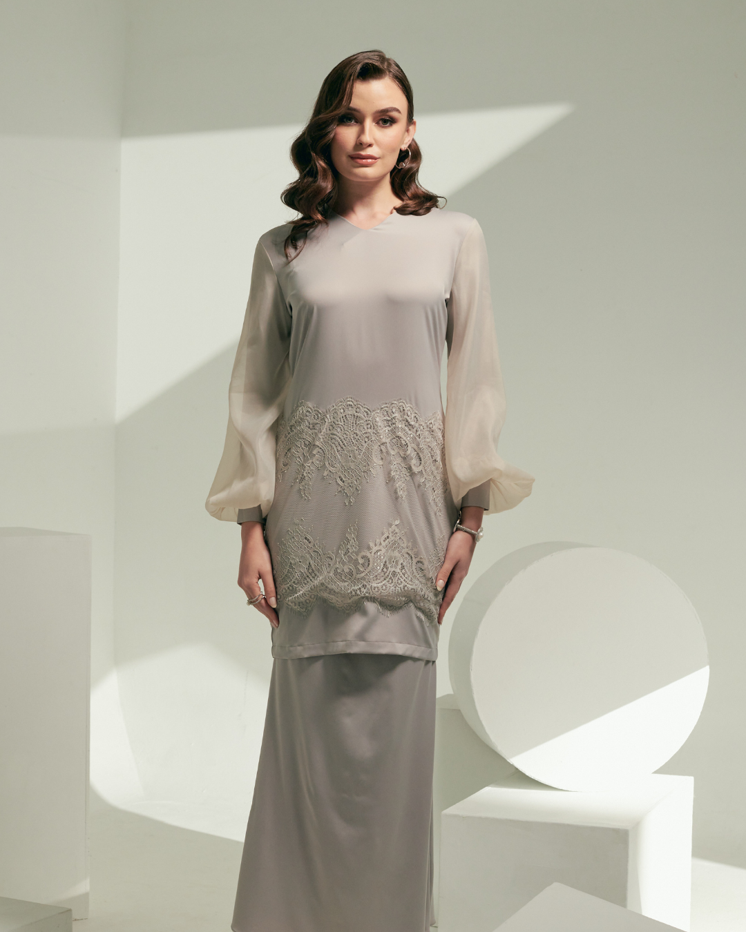 CATHERINE Satin Lace Bishop Sleeves Grey Front