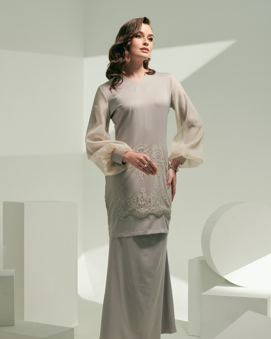 CATHERINE Satin Lace Bishop Sleeves Grey Full Lenght