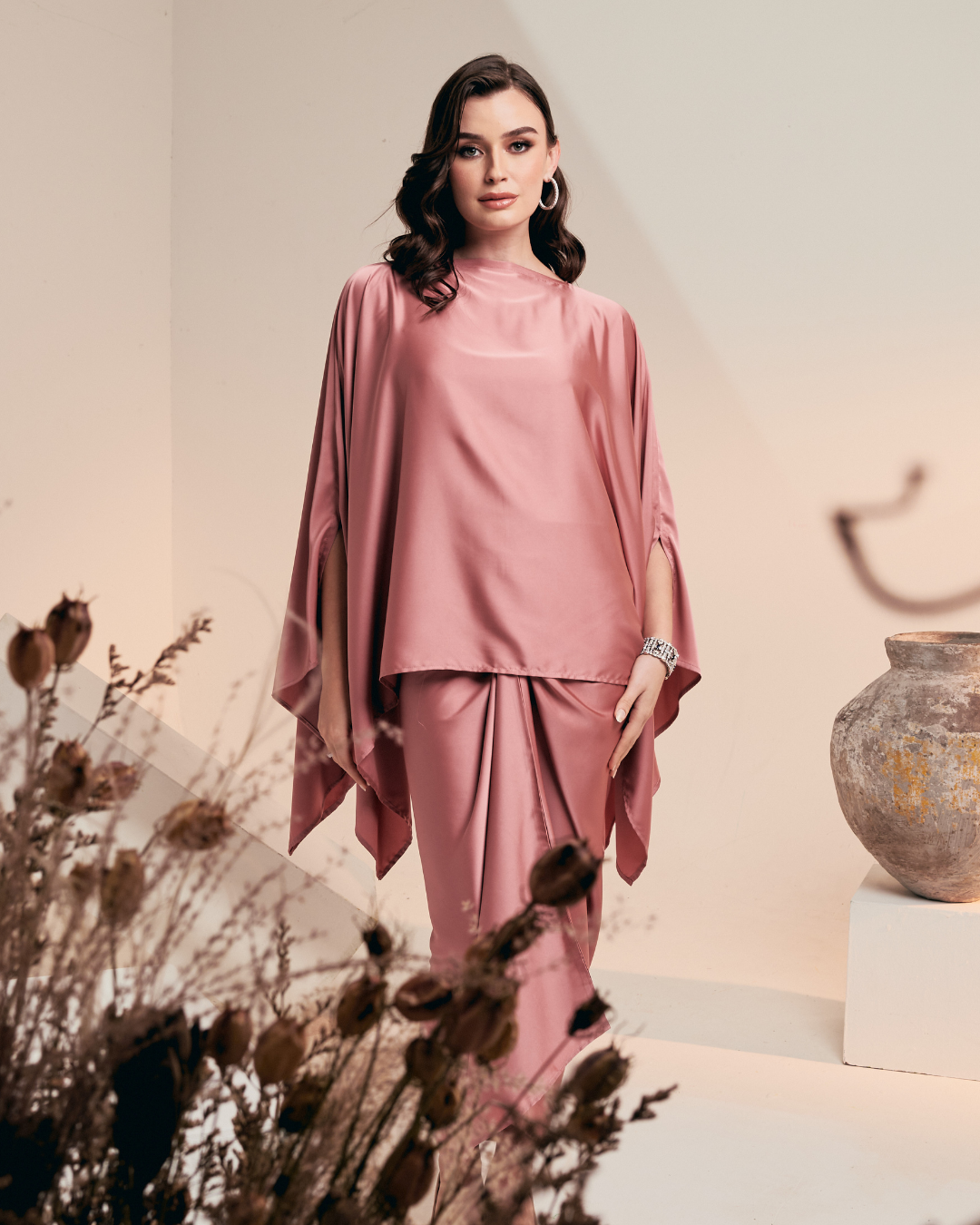 PETRA Kurung Kaftan Satin Silk – Pink