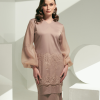 CATHERINE Satin Lace Bishop Sleeves Mocha Close Up