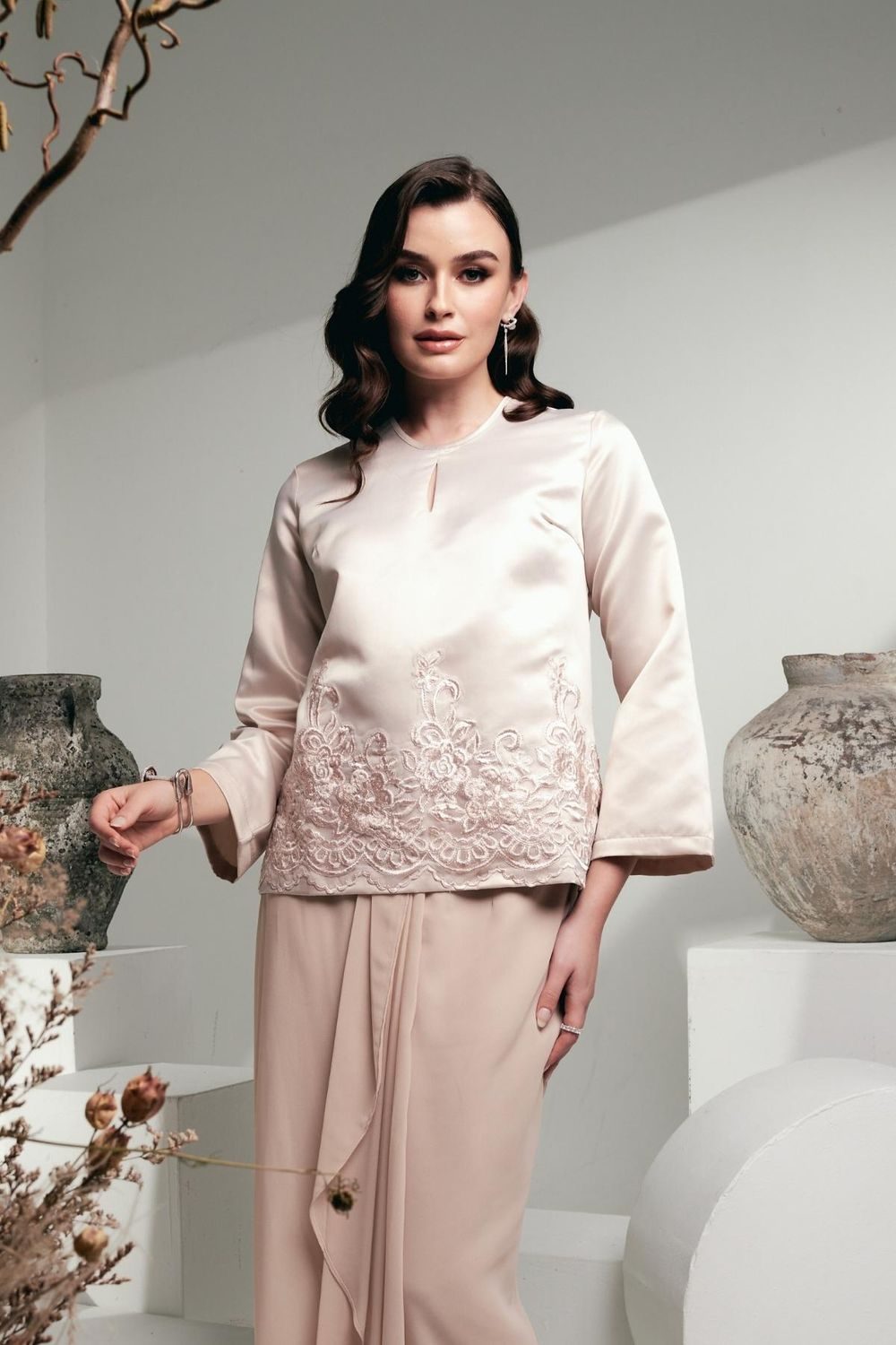 ROSAVILLE Kurung Satin Duchess Lace Ruffled Skirt Champagne Close Up