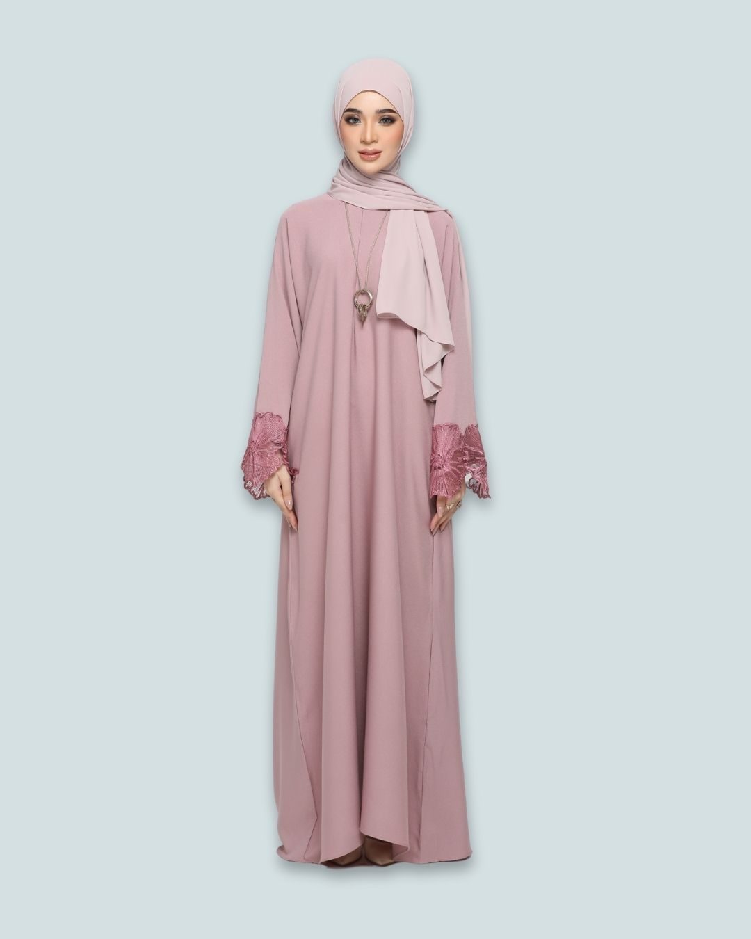 SAFA Abaya Como Crepe Floral Lace – Pink