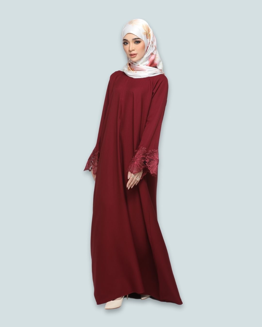 SAFA Abaya Como Crepe Floral Lace – Maroon